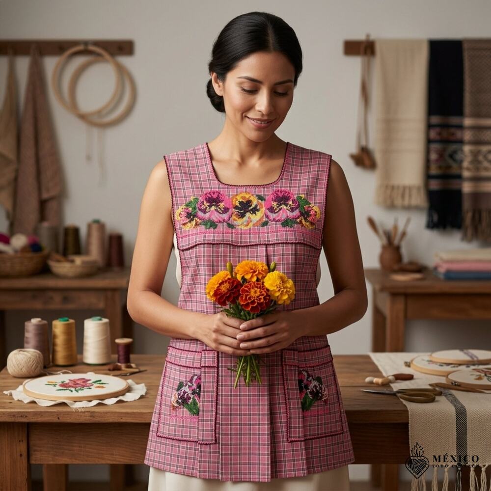 Traditional Mexican Cross-Stitch Embroidered Apron – Deluxe Artisan Smock Style